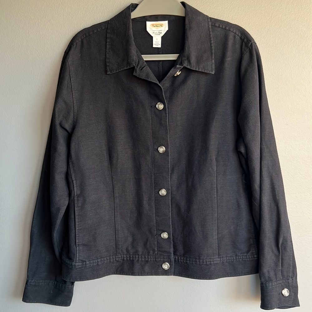 TALBOTS Irish Linen Button Front Jacket, BLACK, Large, Cotton & Linen
